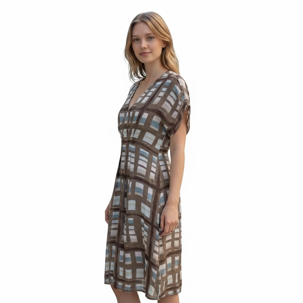 Banana Republic 8 Brown Blue Cream Abstract Plaid Silk V-Neck Short Sleeve Dress
